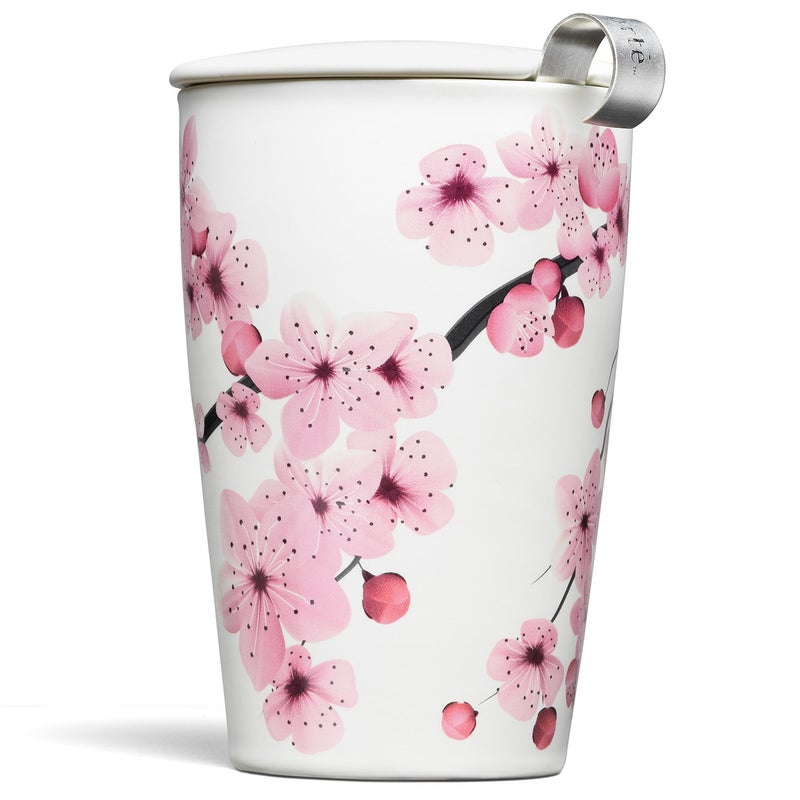 Tea Forte Double-Walled Ceramic Kati Cup, Removable Stainless Steel Infuser Basket and Lid, Steeps 12 oz Loose Leaf Tea, Dishwasher & Microwave Safe, Hanami - Image 1
